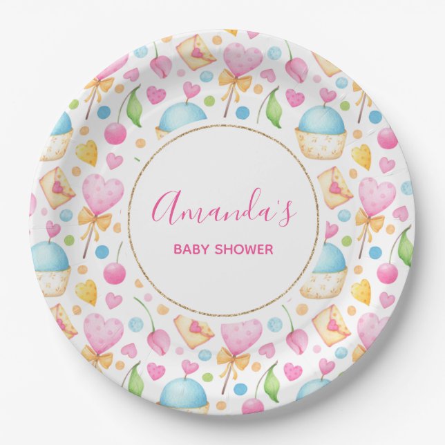 Hearts and Muffins Watercolor Pattern Party Paper Plate (Front)