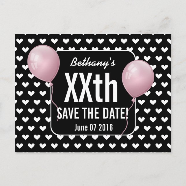 Hearts and Pink Balloons Any Year Birthday B03N Announcement Postcard (Front)
