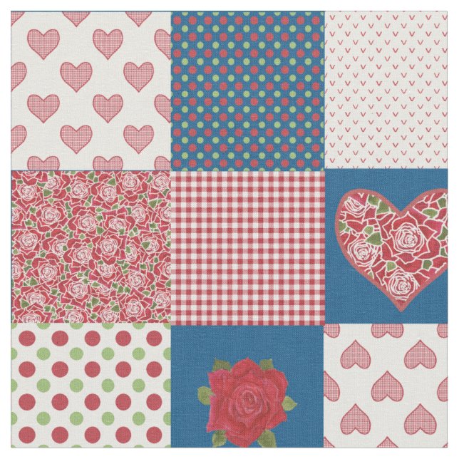 Hearts and Red Roses Faux Patchwork Pattern Fabric (Close Up)