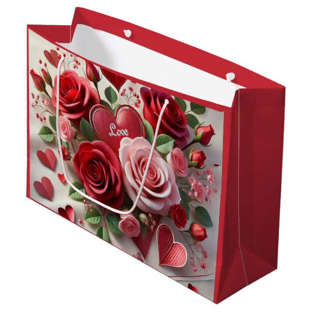 Hearts and Red Roses Valentine's Day Large Gift Bag (Front Angled)