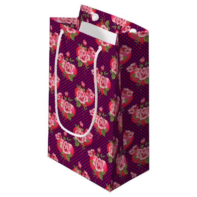 Hearts and Roses | Dotted Purple Valentine's Day Small Gift Bag (Front Angled)
