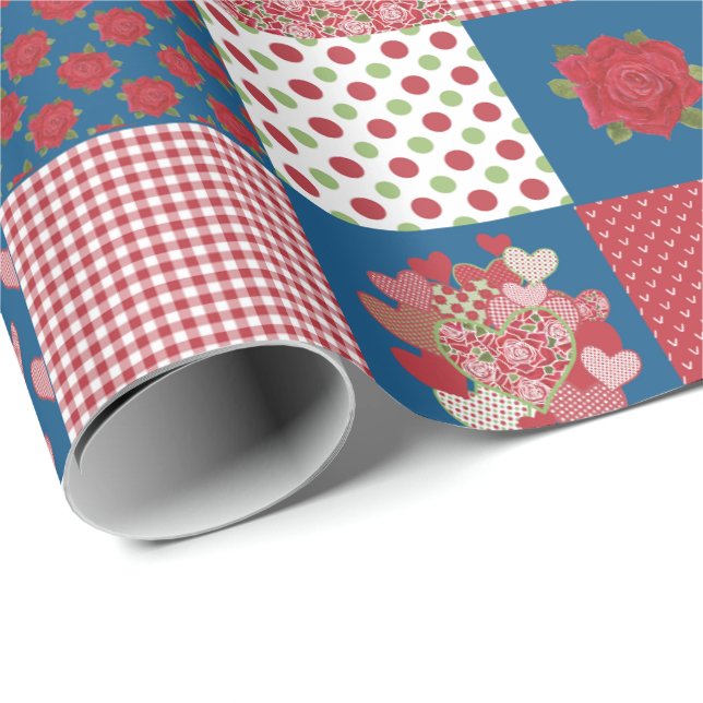 Hearts and Roses Faux Patchwork Wrapping Paper (Roll Corner)