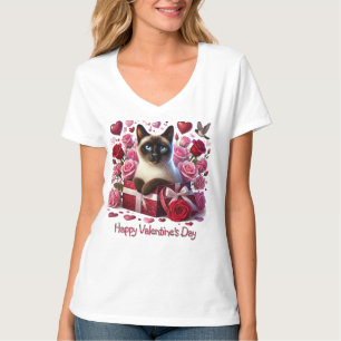 Hearts and Roses Valentines Day Siamese Cat T-Shirt
