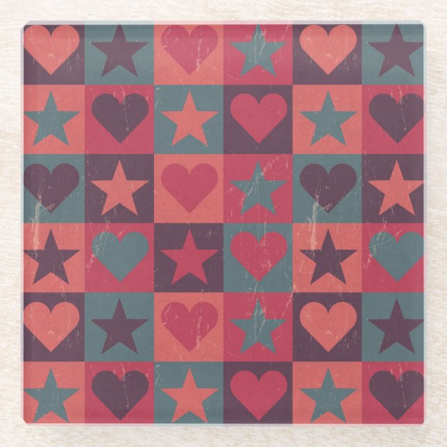 Hearts And Stars Pattern Pink Glass Coaster (Front)