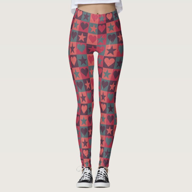 Hearts And Stars Pattern Pink Leggings (Front)