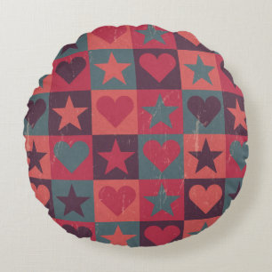 Hearts And Stars Pattern Pink Round Cushion