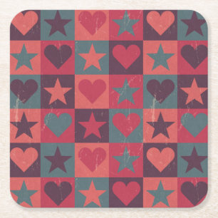 Hearts And Stars Pattern Pink Square Paper Coaster