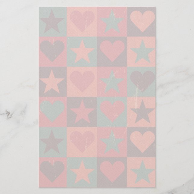 Hearts And Stars Pattern Pink Stationery (Front)