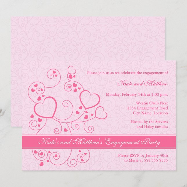 Hearts and Swirls Engagement Party Invitation (Front/Back)