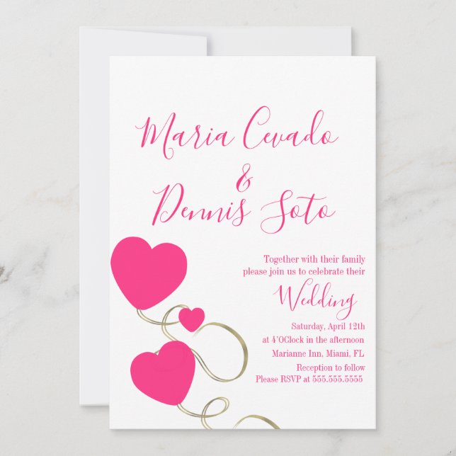 Hearts and Swirls Script Pink Gold  Wedding Invitation (Front)