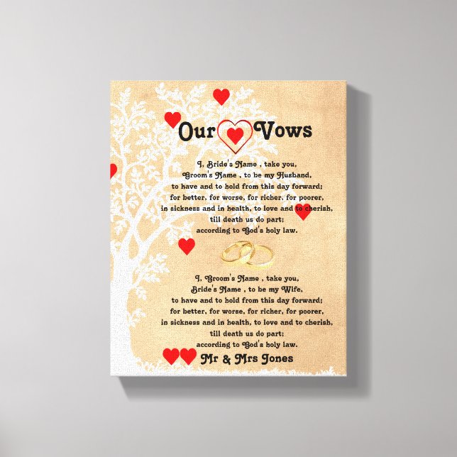 Hearts and Tree Wedding Vows on Canvas Print (Front)