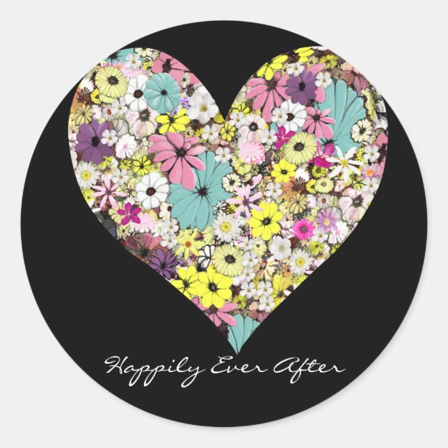 Hearts and Wild Flowers Wedding Happily Ever After Classic Round Sticker (Front)