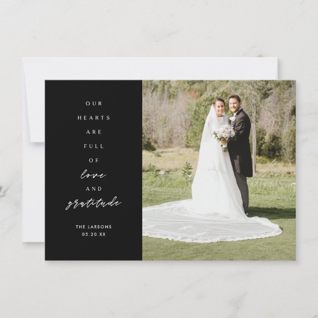 Hearts are Full Two Photo Black Wedding   Thank You Card (Front)