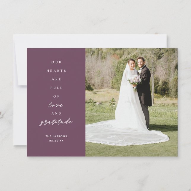 Hearts are Full Two Photo Purple Wedding Thank You Card (Front)