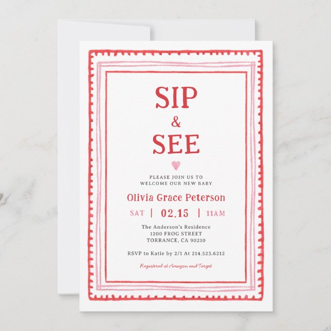 Hearts Baby Girl Sip and See Welcome Baby  Invitation (Front)