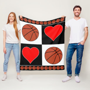 Hearts & Basketball Players Cute Chequered Pattern Fleece Blanket