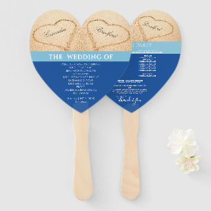 Hearts Beach Wedding ceremony program Ocean Blue Hand Fan