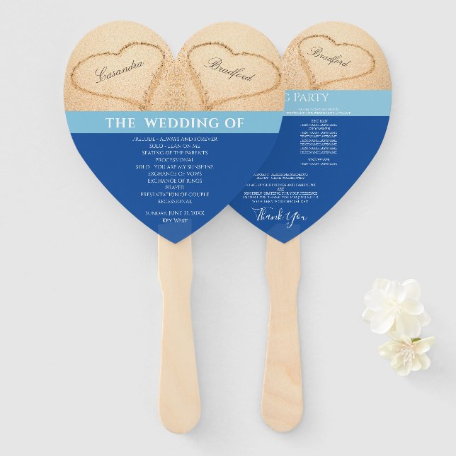 Hearts Beach Wedding ceremony program Ocean Blue Hand Fan (Front and Back)