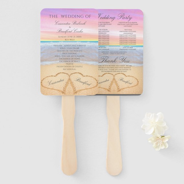 Hearts  Beach Wedding ceremony program Pink Purple Hand Fan (Front and Back)