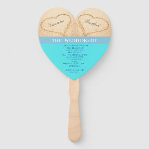 Hearts  Beach Wedding ceremony program Teal Blue H Hand Fan