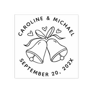 Hearts & Bells Round Names & Date Wedding Rubber Stamp