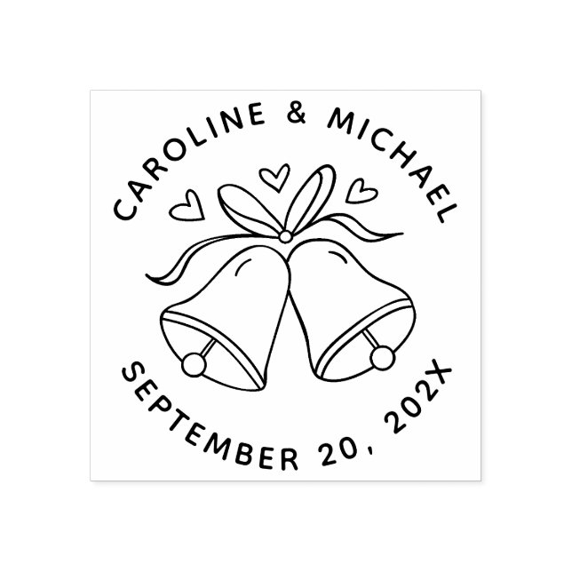 Hearts & Bells | Round Names & Date Wedding Rubber Stamp (Imprint)