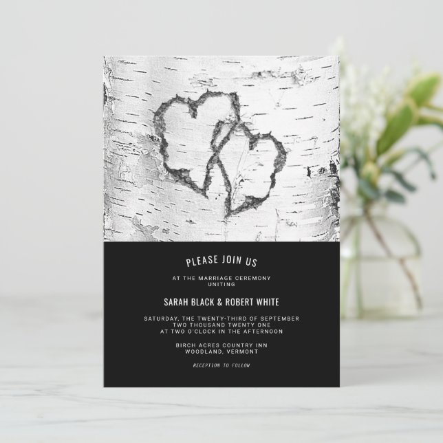 Hearts Birch Tree Bark Rustic Wedding Invitation (Standing Front)