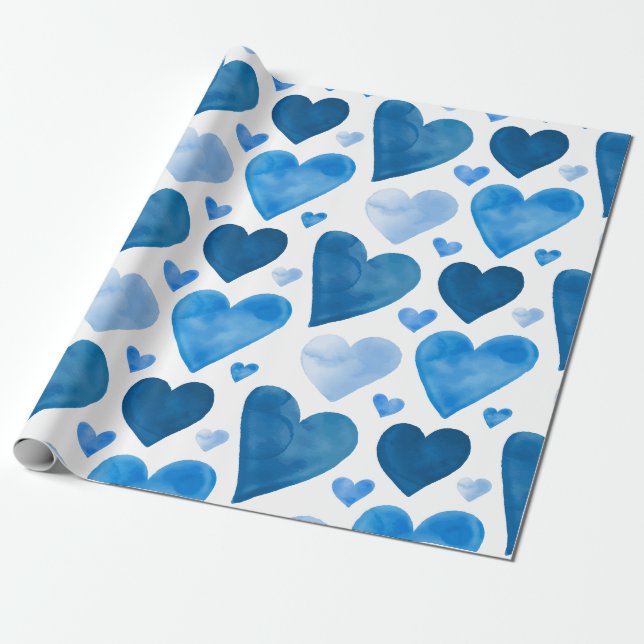 Hearts - Blue Watercolor Hearts Wrapping Paper (Unrolled)