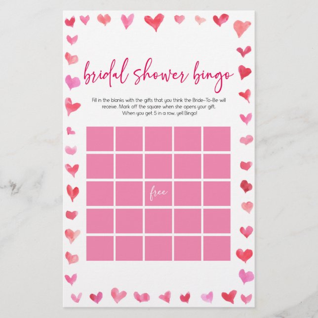 Hearts Bridal Shower Bingo Bridal Shower Game  Stationery (Front)