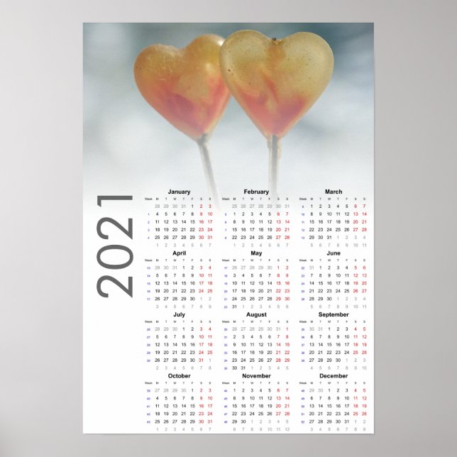Hearts Calendar 2021 Poster - Monday first (Front)