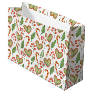 Hearts Candy Cane Holly Pattern Christmas Large Gift Bag