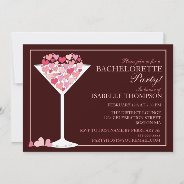 Hearts Champagne Martini Bachelorette Party Invitation (Front)