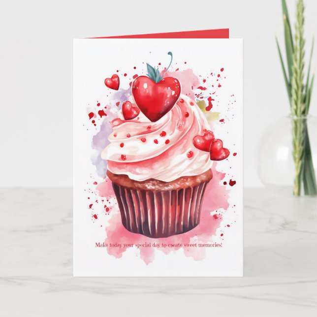 Hearts Cherry Watercolor Cupcake Valentine Card (Front)