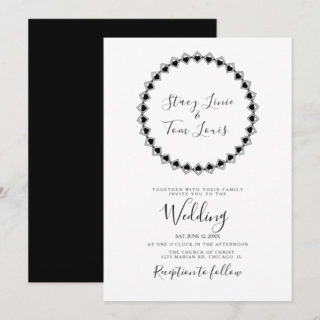  Hearts Circular Frame Black Geometrical Wedding   Invitation (Front/Back)