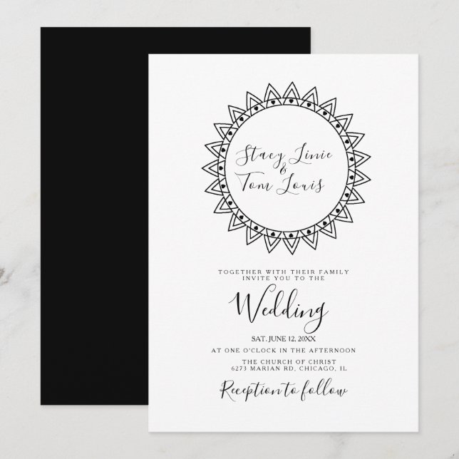  Hearts Circular Frame Black White Wedding  Invitation (Front/Back)