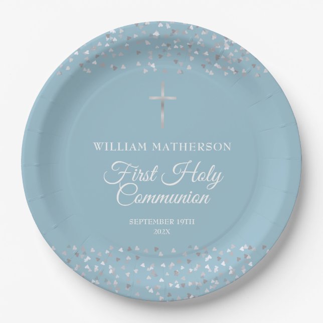 Hearts Confetti First Holy Communion Paper Plate (Front)