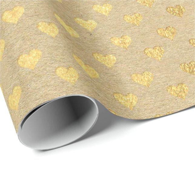Hearts Confetti Kraft Gold Natural Elegant Minimal Wrapping Paper (Roll Corner)