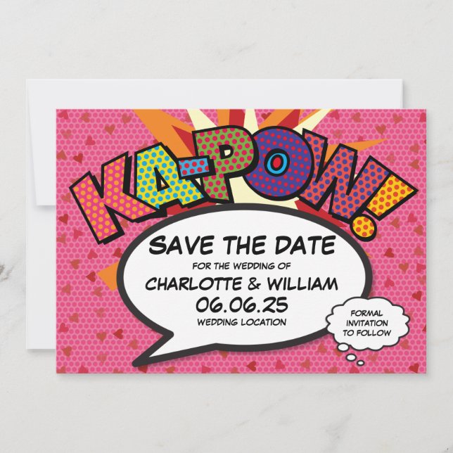 Hearts Confetti Modern Comic Wedding Save The Date (Front)
