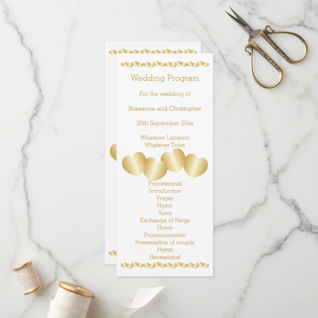 Hearts Design Gold Coloured Wedding Programme (Front/Back In Situ)