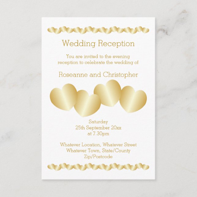 Hearts Design Gold Coloured Wedding Reception Enclosure Card (Front)