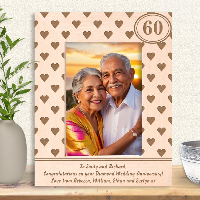 Hearts Diamond Wedding Anniversary 60th Custom Etched Frames (A personalized wooden photo frame for a couple's 60th Wedding anniversary, with etched hearts design)