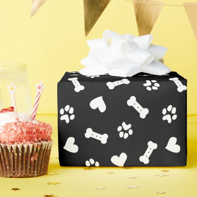 Hearts Dog Paws And Bones Black  Wrapping Paper (Birthday Party)