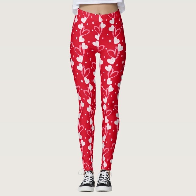 Hearts doodles pattern, Red, Leggings (Front)