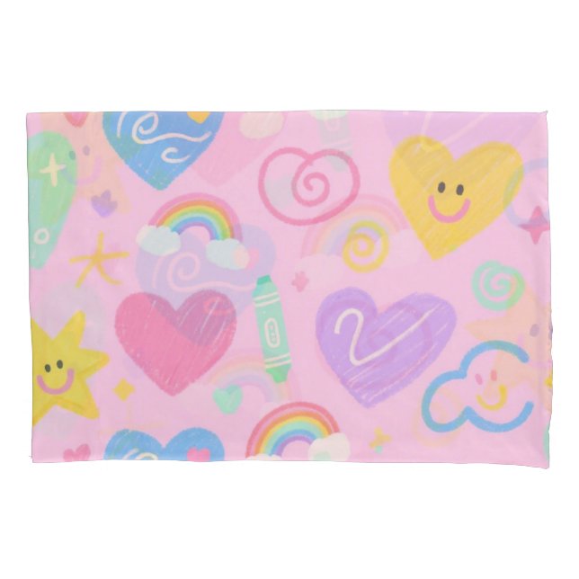 Hearts & Doodles pillow case – Kidcore Pastel Vibe (Front)