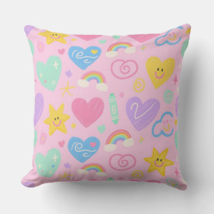 Hearts & Doodles Throw Pillow Cute Kidcore Accent