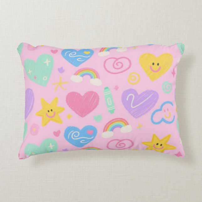 Hearts & Doodles Throw Pillow Cute Kidcore Accent (Front)