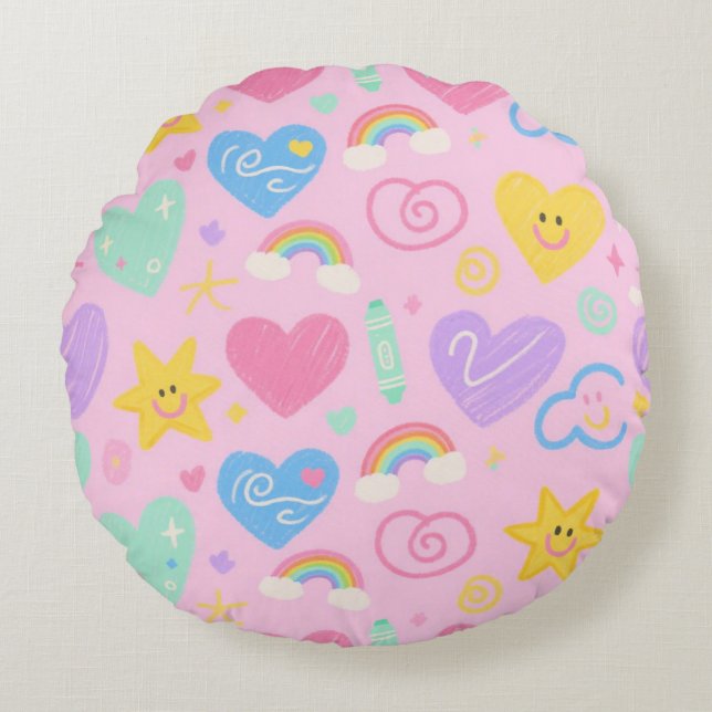 Hearts & Doodles Throw Pillow Cute Kidcore Accent (Front)