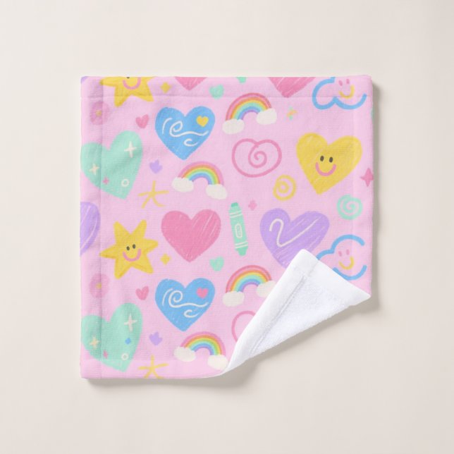 Hearts & Doodles Towel – Kidcore Pastel Style (Wash Cloth)