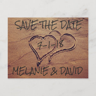 Hearts Drawn in Beach Sand Save the Date Postcard