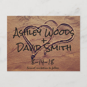 Hearts Drawn in Sand Save the Date Postcard